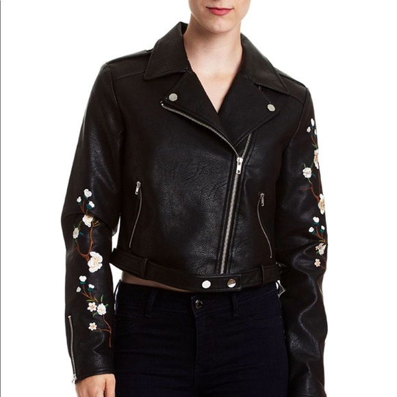 NWT Embroidered Vegan Leather Moto Biker Jacket - Picture 4 of 4